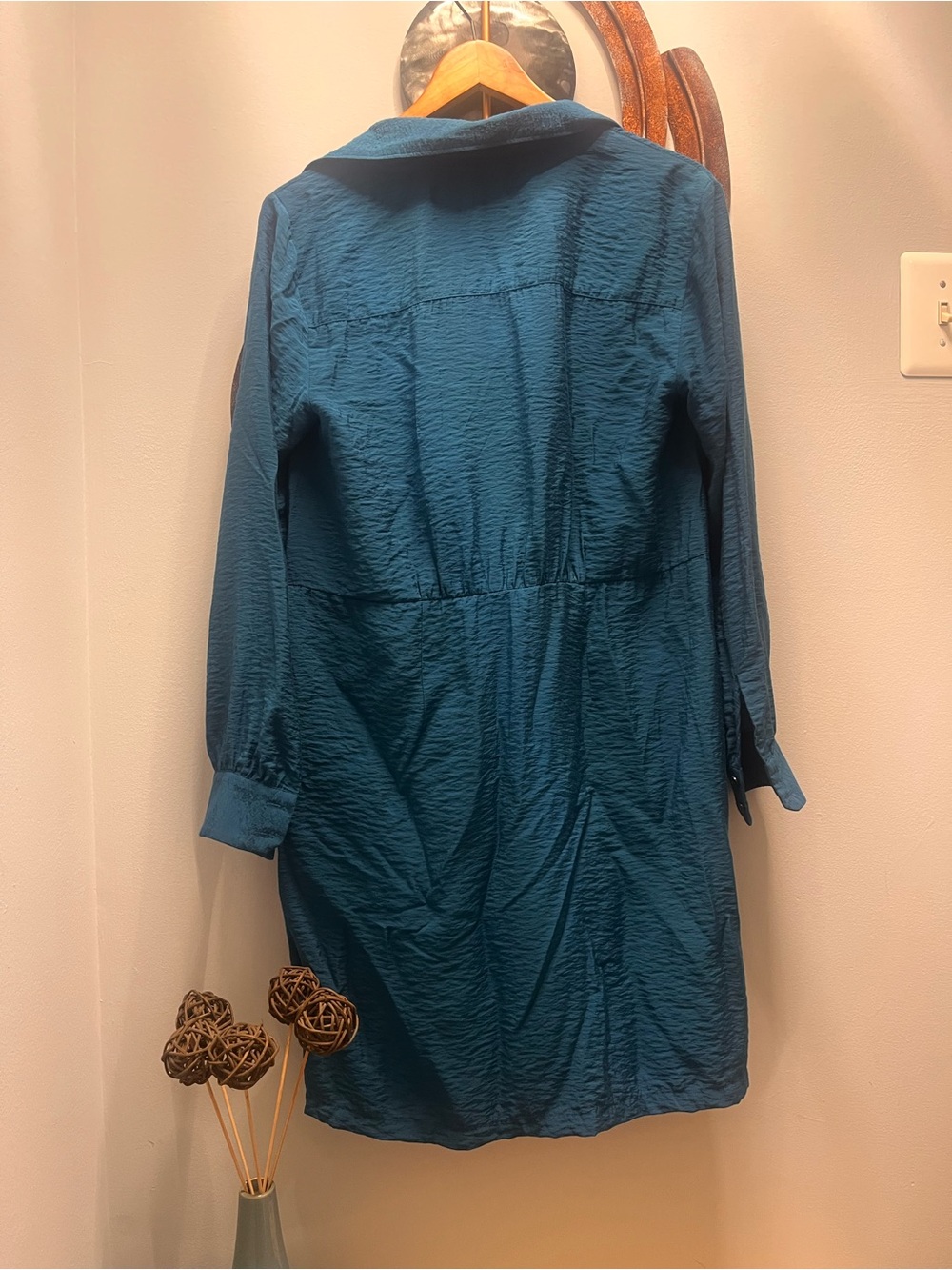 LOFT Teal Textured Tie-Front Long Sleeve Dress 6 - Picture 7 of 15